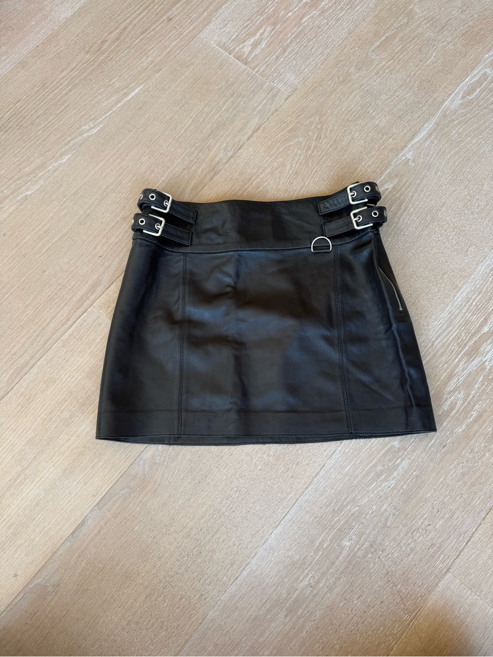 Zara Black Faux Leather Mini Skirt with Buckle Detail - Small